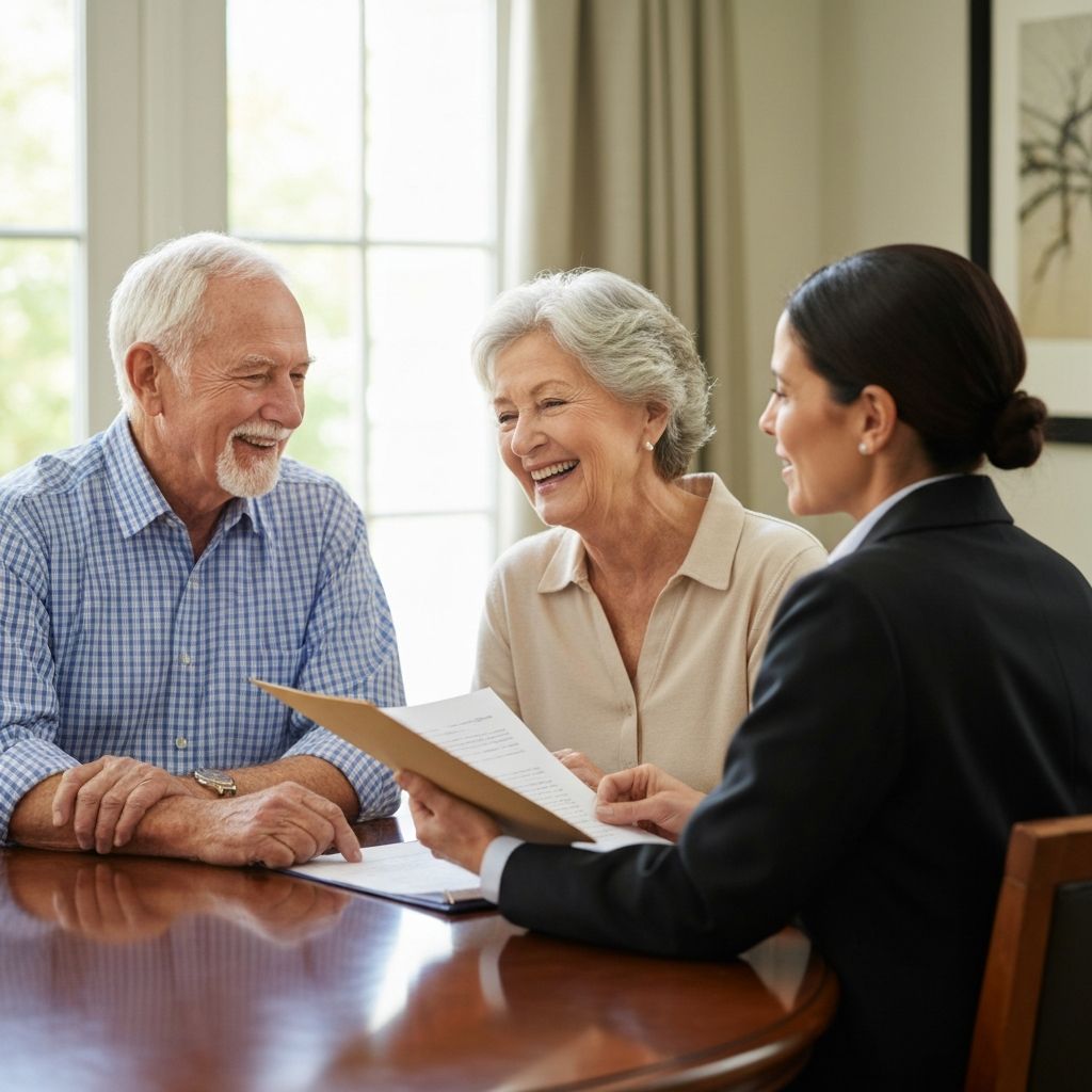 Casal de idosos revisando documentos de aposentadoria